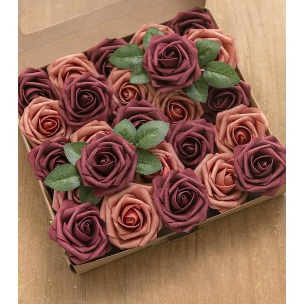 25 Count | Cedar & Burgundy Artificial Flowers Wedding Bouquet Centerpiece Roses